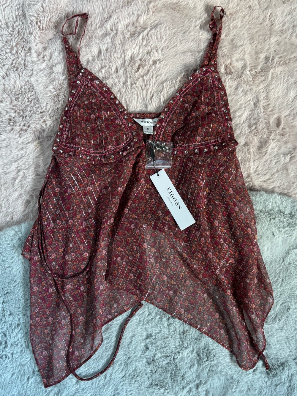 Vigoss orange floral sheer embellished tank